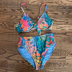 Kona Sol Blue Tropical Floral Print Tie Front Bikini Set